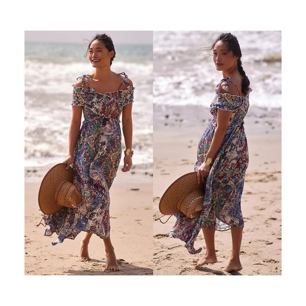 Anthropologie Smocked Gauze Criss-Cross Maxi Dress Sz S Off Shoulder Paisley